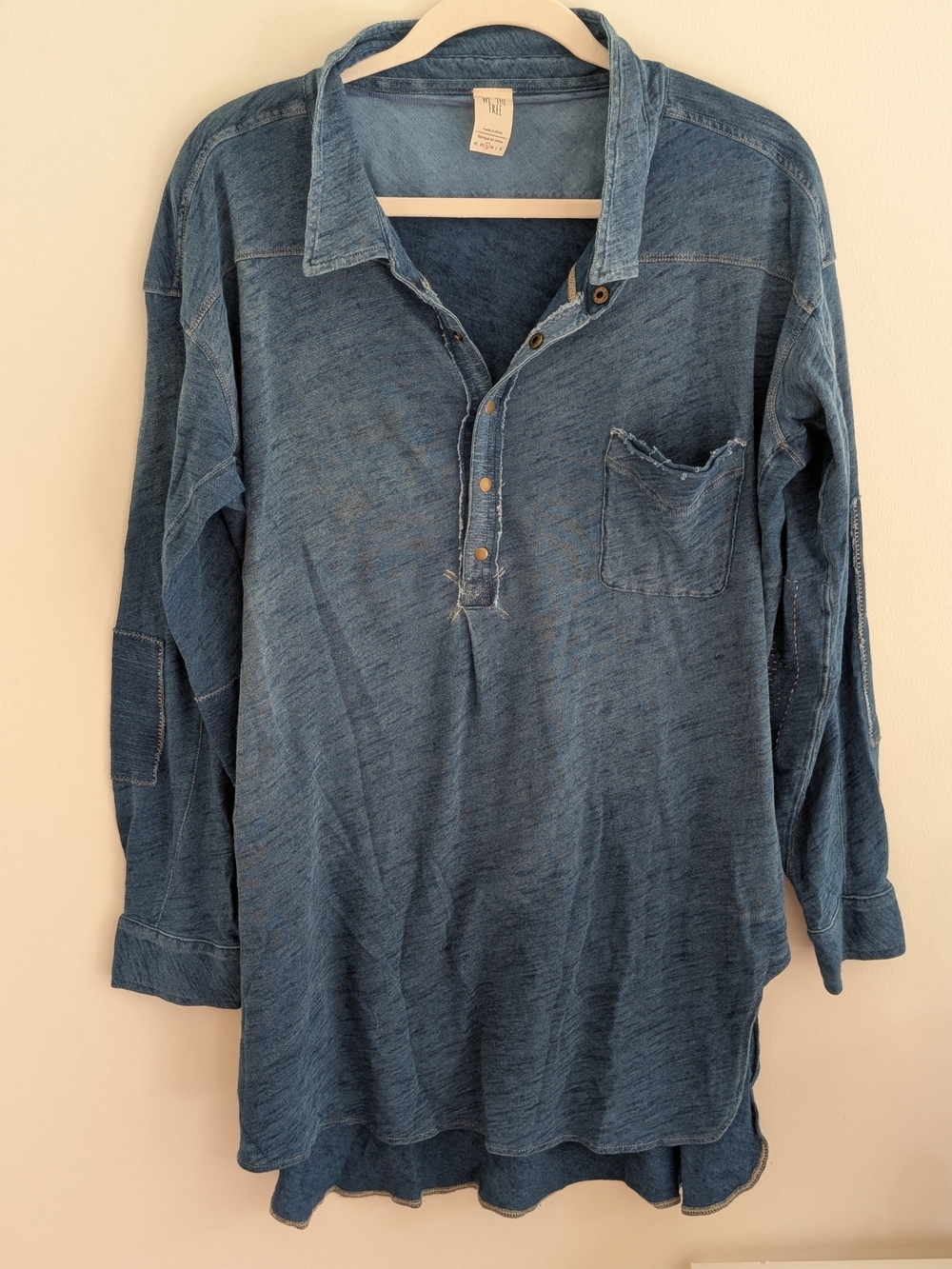 We The Free Distressed Indigo Blue Button-Front Long Sleeve Shirt